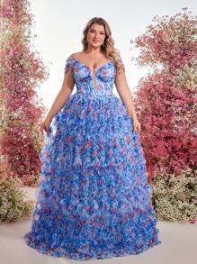 Glamrae 大码优雅花卉印花薄纱连衣裙，公主风格礼服 - 藍色 - 查看 1