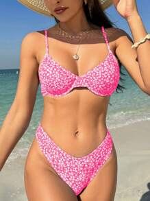 Swim Vcay Women Ditsy Floral Bikini Set, Random Print For Summer Beach Vacation - Hot Pink - View 3