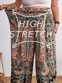 SHEIN CURVE+ Plus Size Bohemian Pants: High-Waisted Wide Leg Paisley Floral Printed Pants,Flowy Pants Boho Vacation