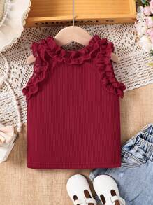 Girls Fashion Ruffle Hem Tank Top, Summer - Burgundy - View 2
