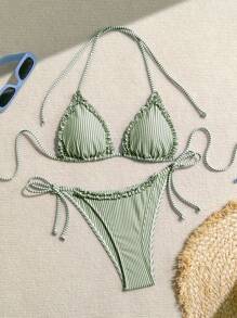 Swim Mod Women's Vacation Striped Nautical Patchwork Ruffled Tied Bikini Set For Summer - Army Green - View 4