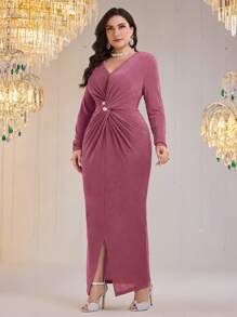 Modelyn Plus Size Women Twist Knot Waist Long Sleeve Bodycon Elegant Dress