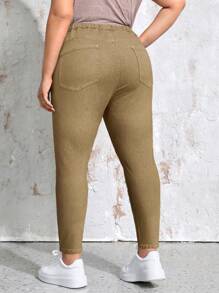 SHEIN LUNE Plus Size Stretch Denim Jeans, Solid Color, Minimalist Style, Suitable For Summer - Khaki - View 2