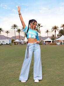 SHEIN PETITE CURVE 大码秋季冬季返校季返校节万圣节圣诞节Y2K可爱街头风哥特摇滚风科技风生日夜店外出夜店机场女装口袋宽松休闲百搭蓝色牛仔裤阔腿裤情人节 - 藍色 - 查看 3