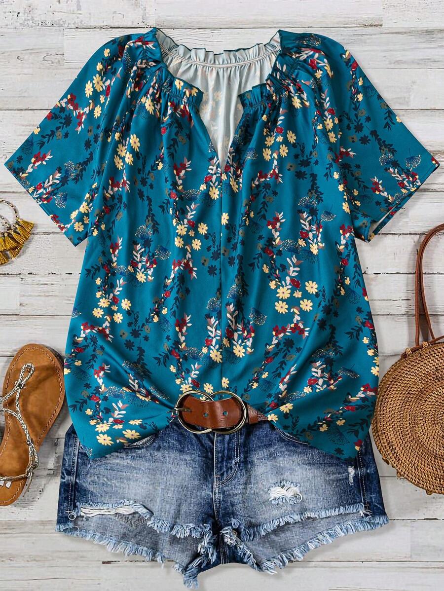 Linhara Plus Size Women's Summer Vacation Floral Print V-Neck Raglan Sleeve Casual Blouse - Multicolor - View 1