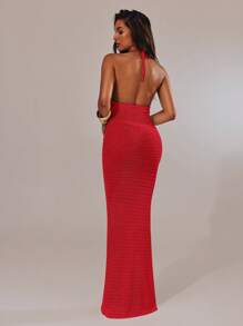 SHEIN BAE Women's Sexy Backless Halter Neck Maxi Knit Dress,Valentine's Day,Valentine Outfits For Women - Red - View 2
