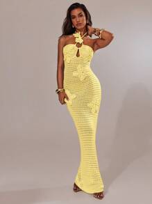 SHEIN BAE 女士纯色镂空花卉装饰露背针织度假连衣裙 - 黃色 - 查看 6