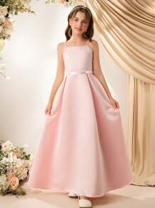 花童高档缎面吊带蝴蝶结长裙，正式礼服，适合婚礼、派对、生日、表演 - 粉色 - 查看 4