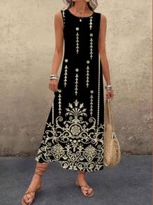 EMERY ROSE Women's Floral Print Round Neck Sleeveless Dress, Vacation Style Chic Dress - Multicolor - View 3