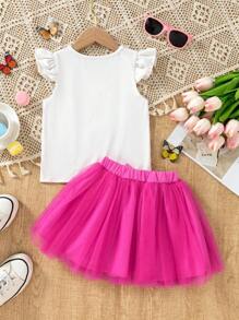 SHEIN Conjunto de 2 piezas para bebé niña: Camiseta de manga corta elástica con estampado de unicornio lindo y falda en A de malla color fucsia para el verano