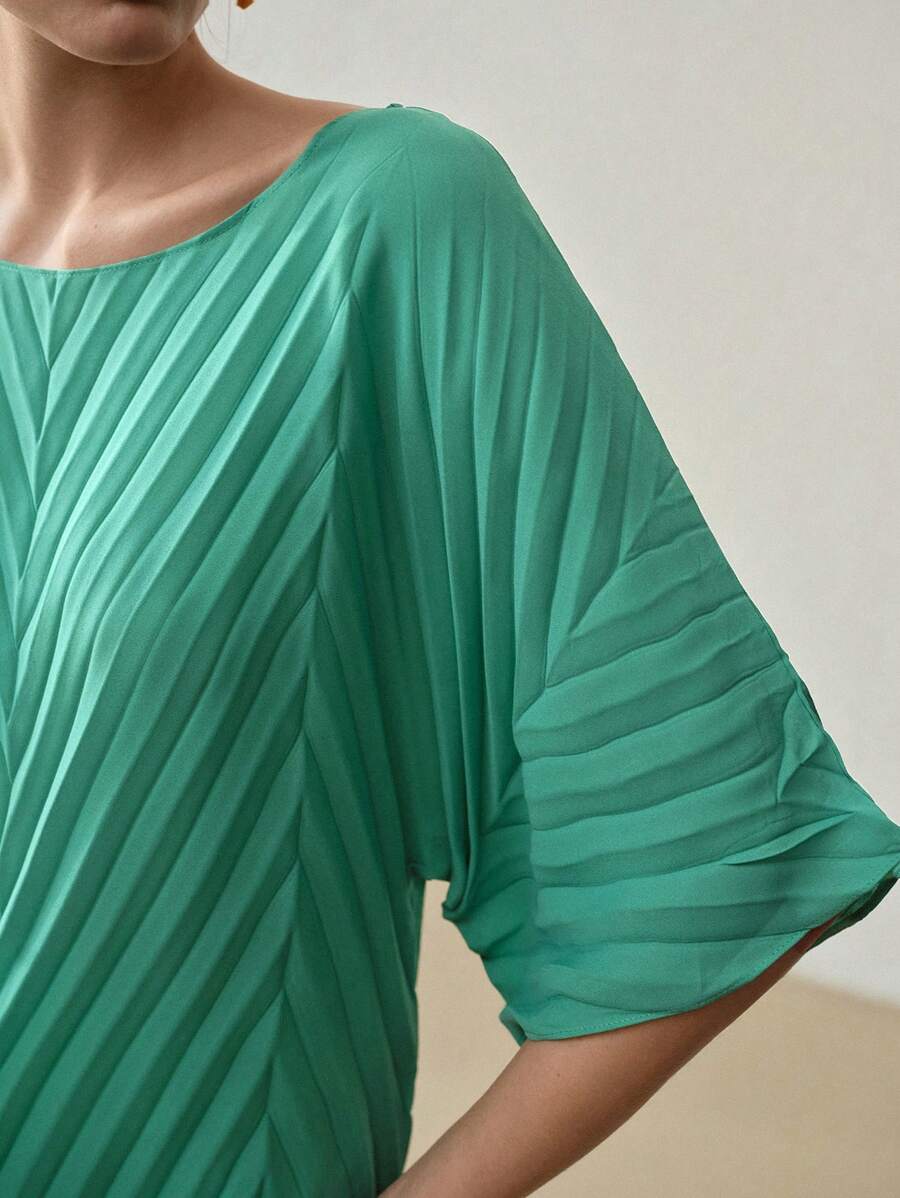 MOTF PREMIUM SOLID BATWING SLEEVE PLEATED BLOUSE,CHIC BLOUSE - Green - View 2