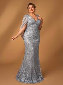 Serin Elegantes romantisches Maxikleid in Große Größen mit V-Ausschnitt, Luxus-Pailletten-Verzierung, Chiffon-Meerjungfrauen-Saum, Abendkleid für besondere Anlässe für Mütter