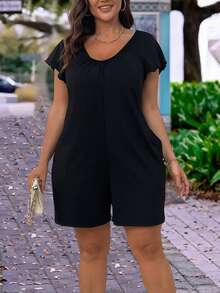 SHEIN EMERY ROSE CURVE Women's Summer Loose Knit Round Neck Short Sleeve Pocket Solid Color Jumpsuit, Vacation/Holiday Wear - Black - View 6