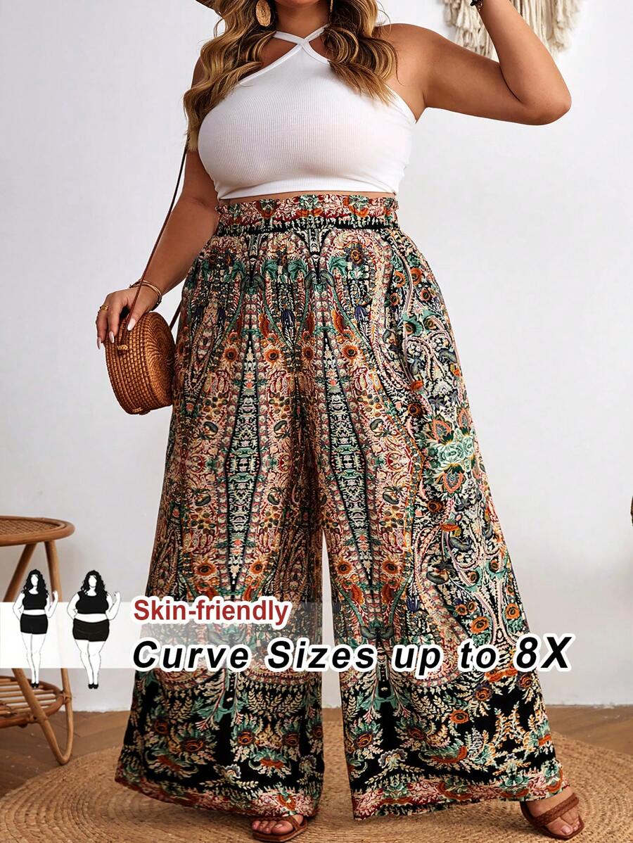SHEIN CURVE+ Plus Size Bohemian Pants: High-Waisted Wide Leg Paisley Floral Printed Pants,Flowy Pants Boho Vacation