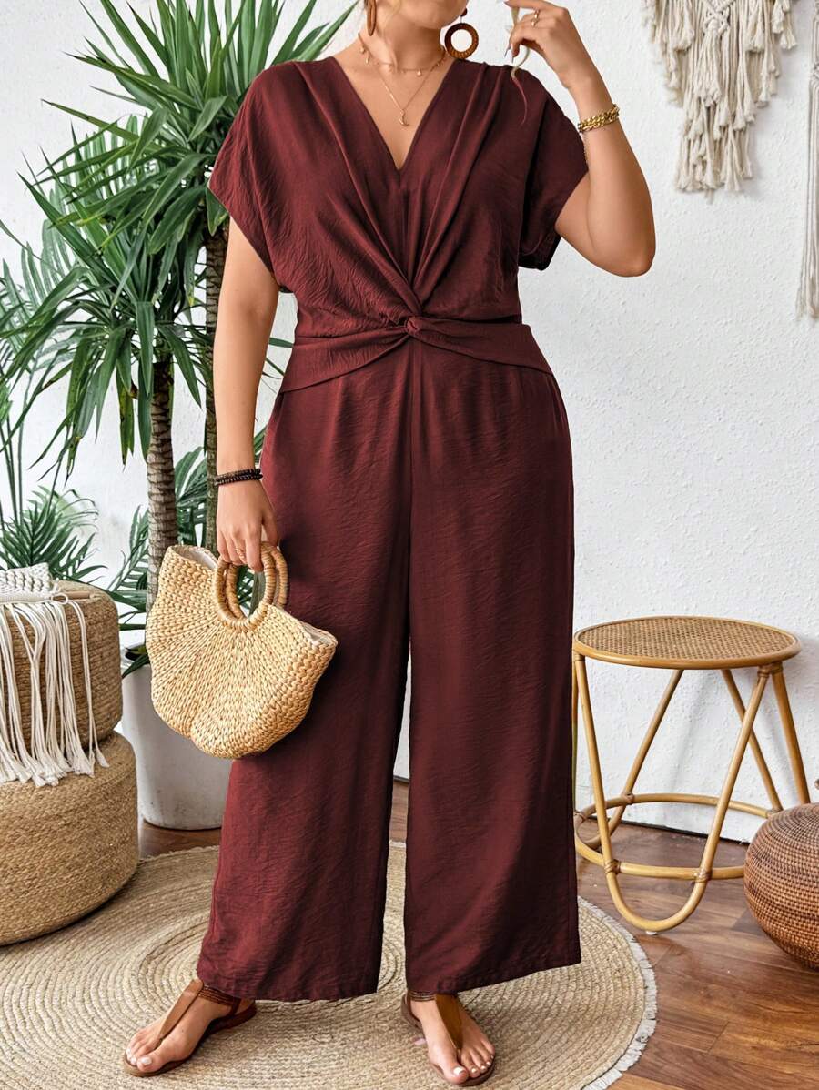SHEIN Clasi Bộ đồ liền thân thẳng rộng rãi, thanh lịch, cổ chữ V, tay raglan, dáng rộng, đơn giản, thoải mái, dễ mặc, cỡ lớn dành cho nữ mùa xuân/hè - Màu đỏ tím - Xem 1