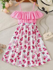 SHEIN Teen Girls Elegant Casual Holiday Pink Textured Knit Floral Rose Off Shoulder A-Line Dress, Suitable For Vacation, Easter, Country Music Festival, Wedding Season, Spring/Summer