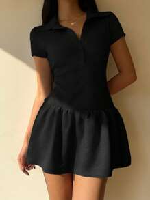 SHEIN EZwear Kleid mit gerüschtem Saum, Knopfverschluss, einfarbig, Kurzarm