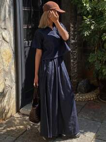 DAZY 2pcs Women Summer Waist-Cinching Polo Collar Short Sleeve Shirt & Denim Skirt Set - Dark Wash - View 1