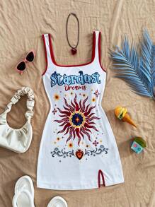 Soleia Vacation Women's Colorful Letter & Floral Print Contrast Collar Open Slit Mini Dress,Rave Outfits Festival - White - View 3