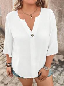 EMERY ROSE Plus Size Women Solid V-Neck Button Front Shirt With Wooden Buttons, Casual And Minimalist Wear