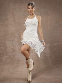 Hauture Vestido sexy de mujer con cuello de halter de encaje, vestido tipo princesa swing para festivales musicales, vestido de invitada de boda, vestido de fiesta francés de graduación, para primavera/verano, con cinturón anudado y borde asimétrico