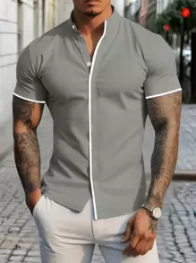 Manfinity Mode Men's Casual Simple Contrast Trim Short Sleeve Shirt - Light Grey - View 1