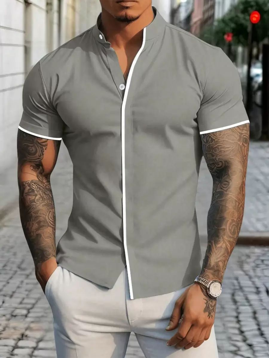 Manfinity Mode Men's Casual Simple Contrast Trim Short Sleeve Shirt - Light Grey - View 1