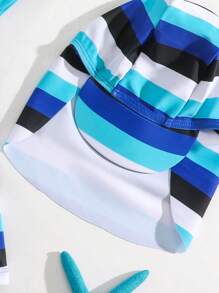 SHEIN Newborn Baby Striped Raglan Sleeve Rash Guard Swimsuit With Shorts & Hat Set