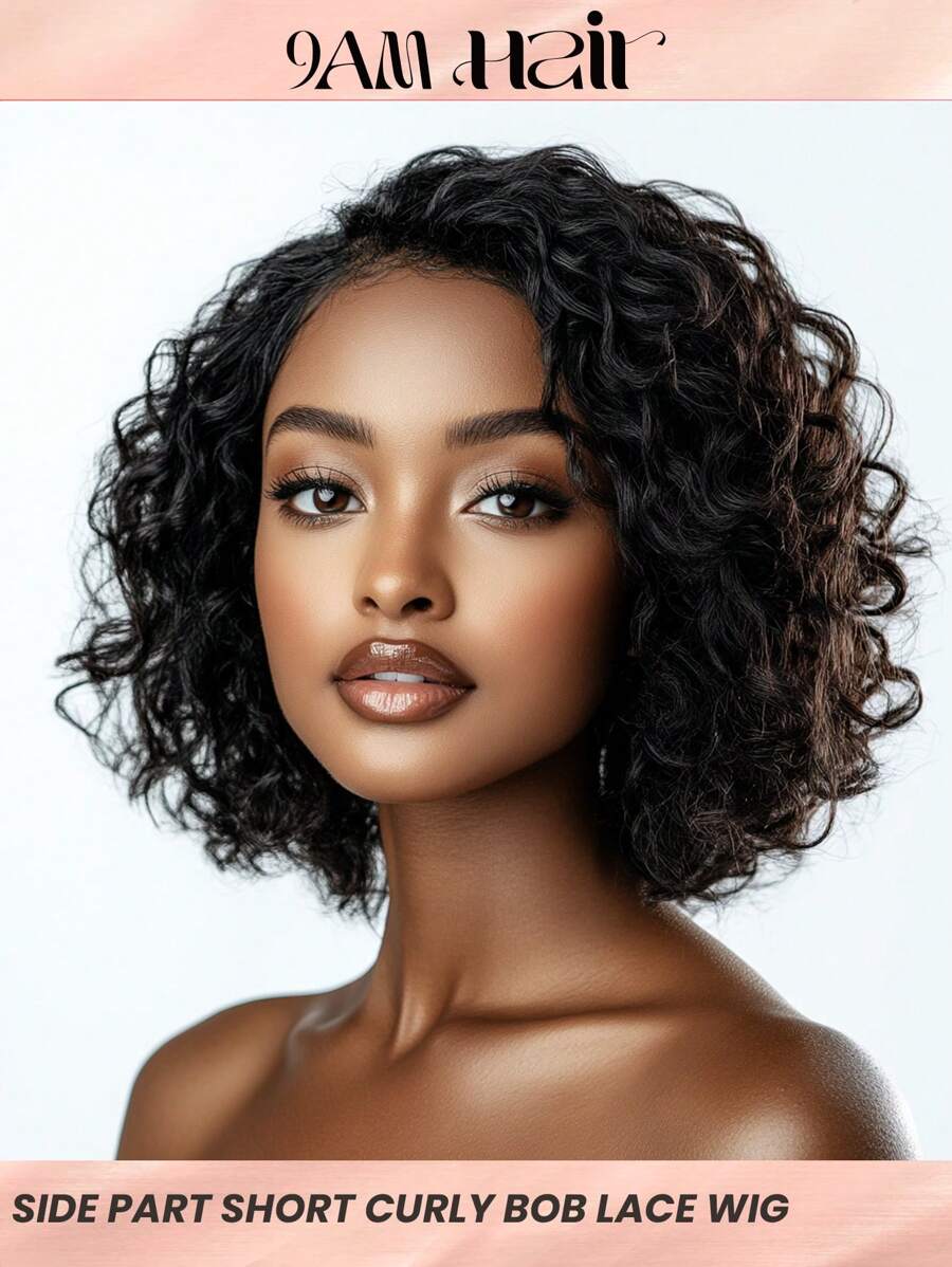 Short Curly Bob Lace Wigs Human Hair Natural Black Side Part Water Wave Bob Lace Front Wig 10 Inch Glueless Wear & Go Bob Wig - S1B - View 1