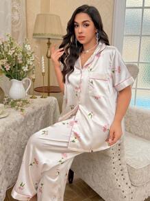 CottageSlumber 大码花卉印花缎面睡衣套装