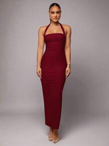 Silquee 象牙色浪漫情人节和约会之夜度假亚麻褶皱下摆挂脖连衣裙、亚麻情人节连衣裙、派对连衣裙、浪漫约会连衣裙、伴娘礼服、婚宴礼服、通勤连衣裙、白色连衣裙、生日派对连衣裙、度假礼服、舞会礼服、长款紧身连衣裙、女式长裙、办公室服装、女士工作服、红色连衣裙、露背连衣裙 - 酒紅色 - 查看 4