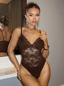 SHEIN BAE 女士黑色低胸蕾丝性感可调节吊带紧身衣 适合情人节女士服装、女士春季服装、情人节服装 - 咖啡棕 - 查看 3