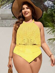 SHEIN Swim Curve Set de tankini de playa talla grande para mujer, 2 piezas con cuello de lazo, volantes de encaje y control de abdomen