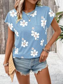 SHEIN LUNE Floral Print Round Neck Patch Pocket T-Shirt Graphic Tees Women Tops