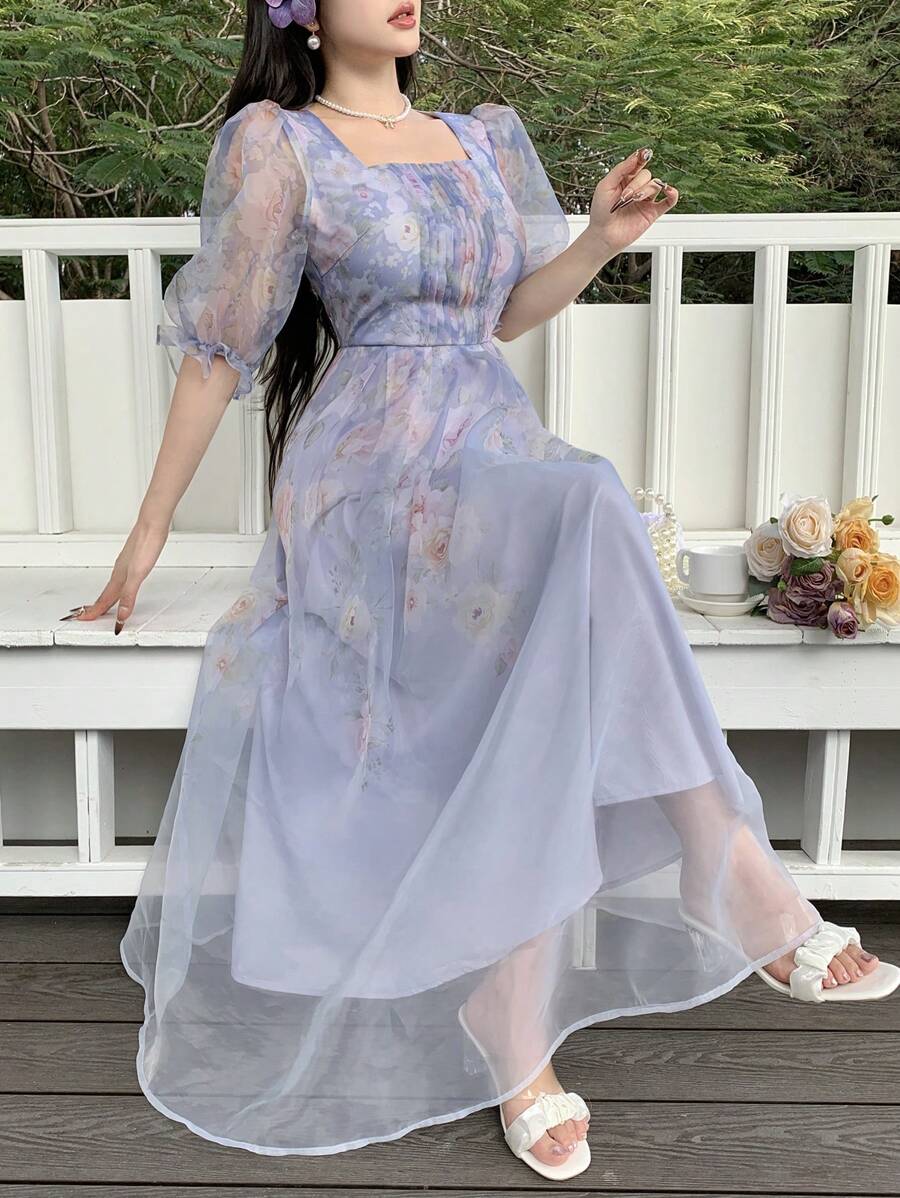 Feyla 女士优雅花卉印花泡泡袖连衣裙 - 藍色 - 查看 1