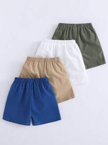SHEIN Conjunto de 4 piezas de pantalones cortos informales y deportivos para niño pequeño, adecuados para uso diario, escuela, deportes, primavera/verano, que incluye: pantalones cortos blancos con cordón, pantalones cortos verdes, pantalones cortos azules, pantalones cortos negros