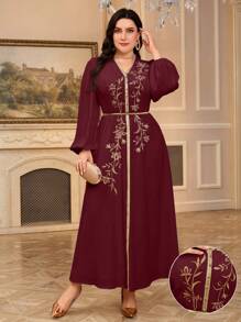 Al Najma Plus Size Women Plant Embroidery Patchwork Lantern Sleeve Arabic Style Dress, Modest Kaftan