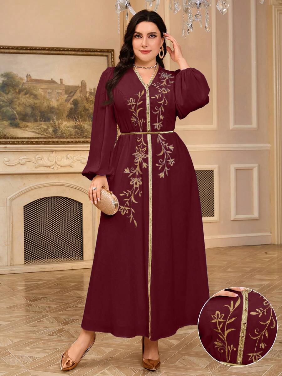 Al Najma Plus Size Women Plant Embroidery Patchwork Lantern Sleeve Arabic Style Dress, Modest Kaftan