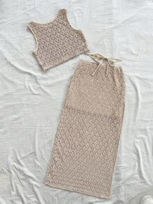 SHEIN PETITE Women's Holiday Knitted Imitation Crochet Vest Slit Skirt Suit, Music Festival, Music Festival Wear, Bohemian - Khaki - View 9