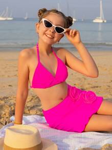 3pcs Tween Girl Handcraft 3D Floral Bikini Swimwear Set - Hot Pink - View 4