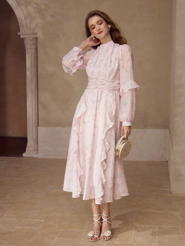 FLOWY RUFFLE TRIM DRESS