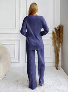 RueChic 100%Cotton Letter Printed Knitted Ribbed Homewear Set - Navy Blue - View 2