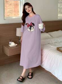 DAZY Cute Cartoon Pattern Print Loose Fit Nightgown - Mauve Purple - View 4