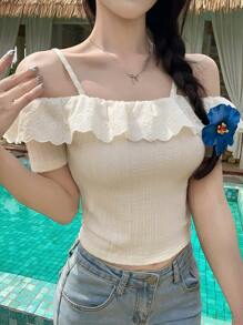 DAZY Women's Cold Shoulder Textured T-Shirt, Summer New Arrival Top,Ruffle Cute Tops - White - View 1