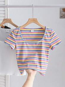 SHEIN 3 件套青少年女孩彩色条纹短款圆领短袖休闲紧身 T 恤，适合夏季