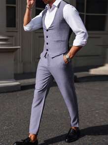 Calvornis Men's Single-Breasted Vest And Pants Business Formal Suit Set - Purple - View 6