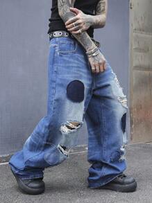Manfinity EMRG Men's Casual Loose Fit Pockets Distressed Wide Leg Jeans - Blue - View 5