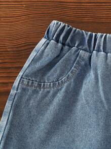 女婴无袖针织上衣，3D 花卉图案，水洗牛仔短裤，荷叶边下摆，休闲韩式夏季 - 彩色 - 查看 8