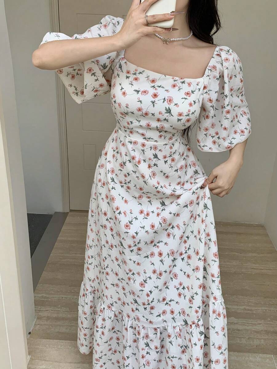 Feyla 女士碎花荷叶边袖连衣裙，适合度假 - 白色 - 查看 1