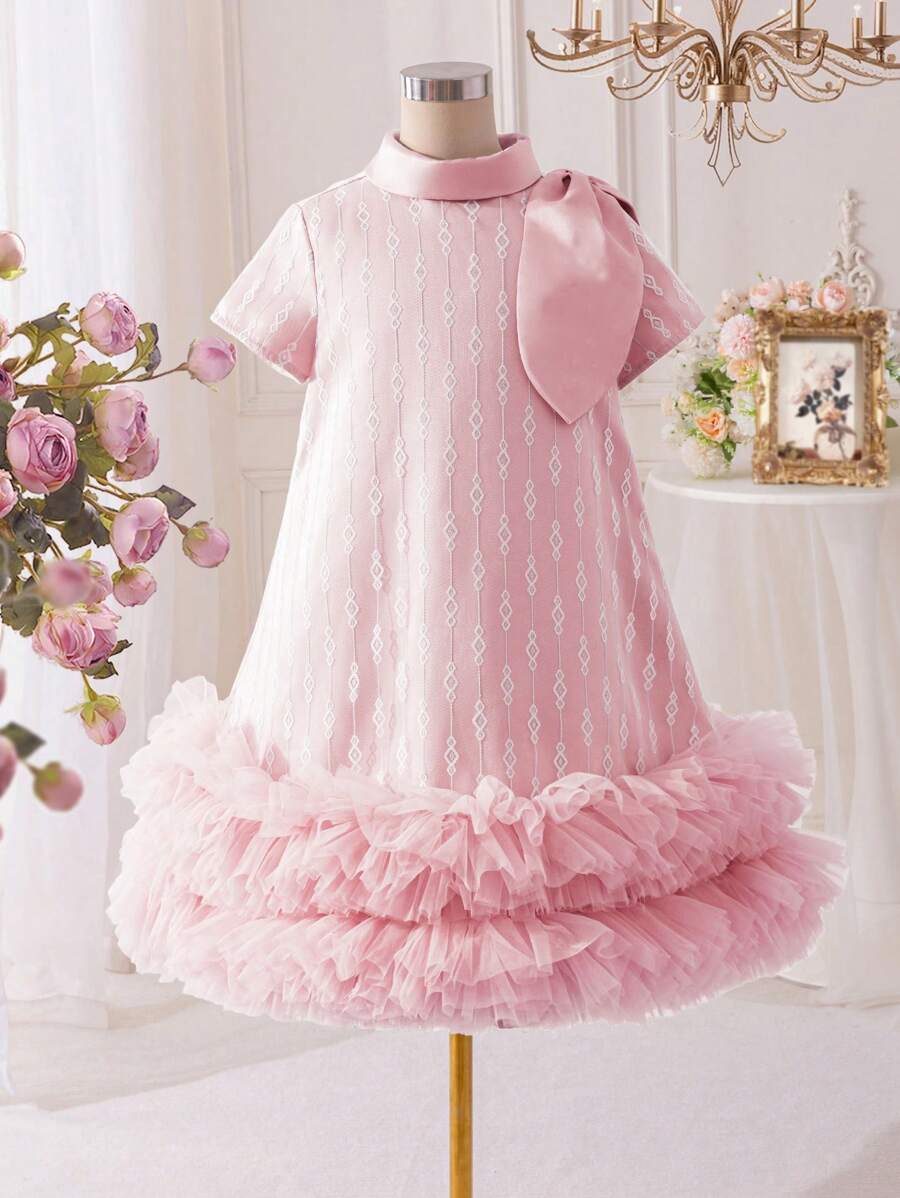 SHEIN Đầm chữ A thêu họa tiết bướm, Đầm bánh kem, Công chúa lộng lẫy, Trang phục trang trọng, Trang phục anh chị em, Trang phục dự tiệc, Trang phục chị em sinh nhật, Thích hợp cho bé gái mặc hàng ngày, Lễ hội - Hồng - Xem 1